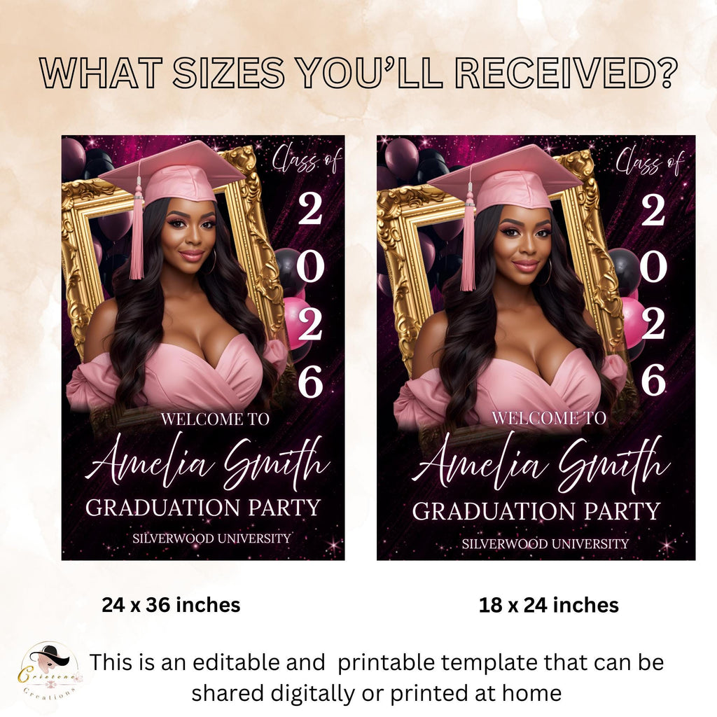 Graduation Welcome Party Sign Woman Senior Graduates Poster Sign with photo, Pink 2026 College Commencement Announcement Entry Sign Template