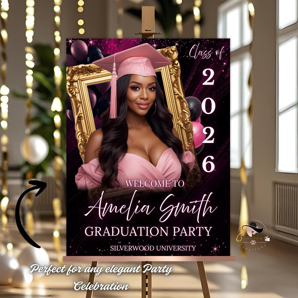 Graduation Welcome Party Sign Woman Senior Graduates Poster Sign with photo, Pink 2026 College Commencement Announcement Entry Sign Template