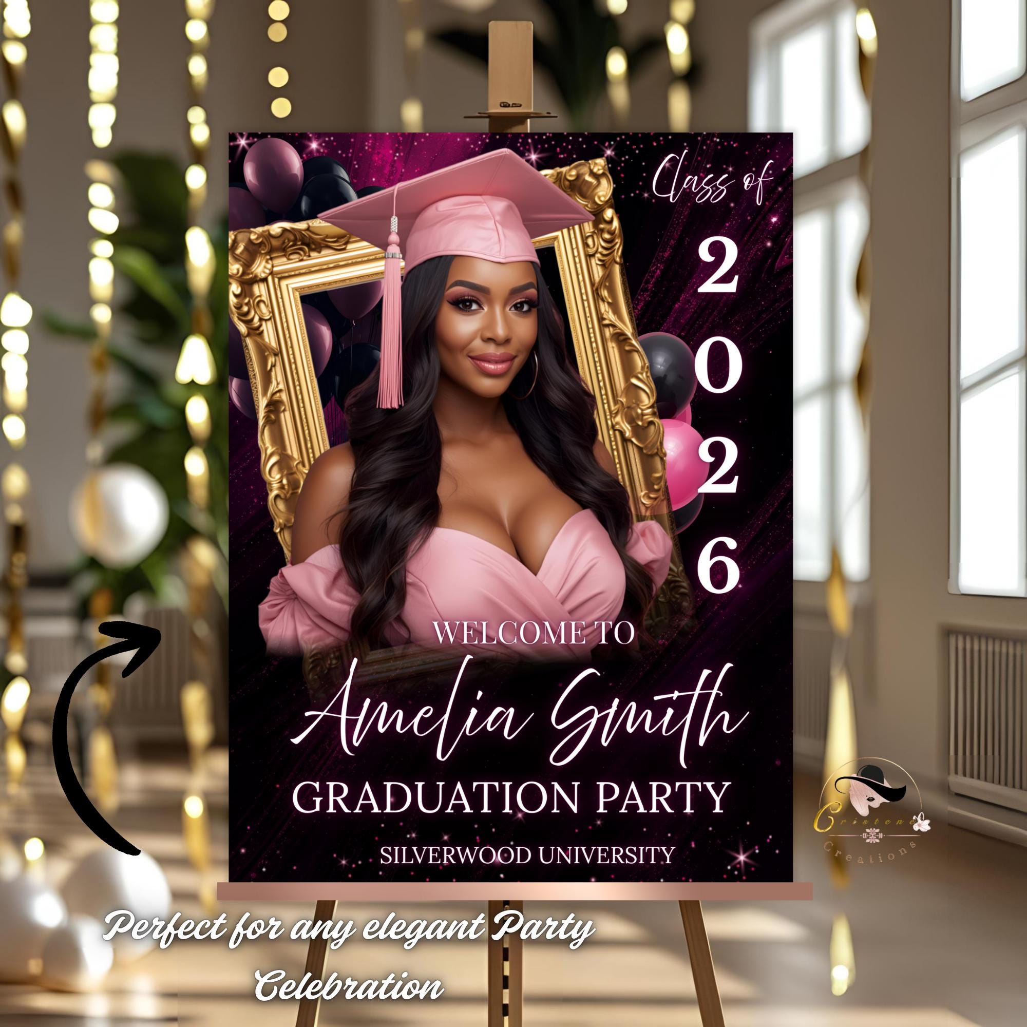 Graduation Welcome Party Sign Woman Senior Graduates Poster Sign with photo, Pink 2026 College Commencement Announcement Entry Sign Template