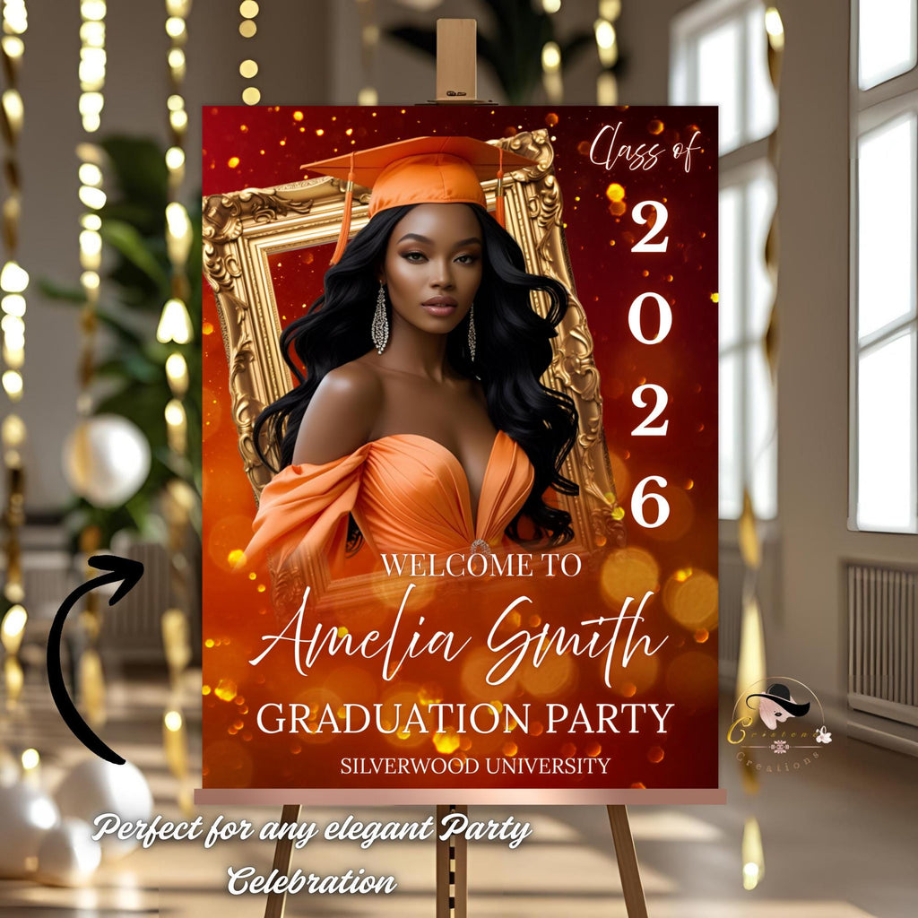 Orange Graduation Party Welcome Sign, Woman Senior Graduate Poster Sign with photo Men College Commencement Announcement Entry Sign Template