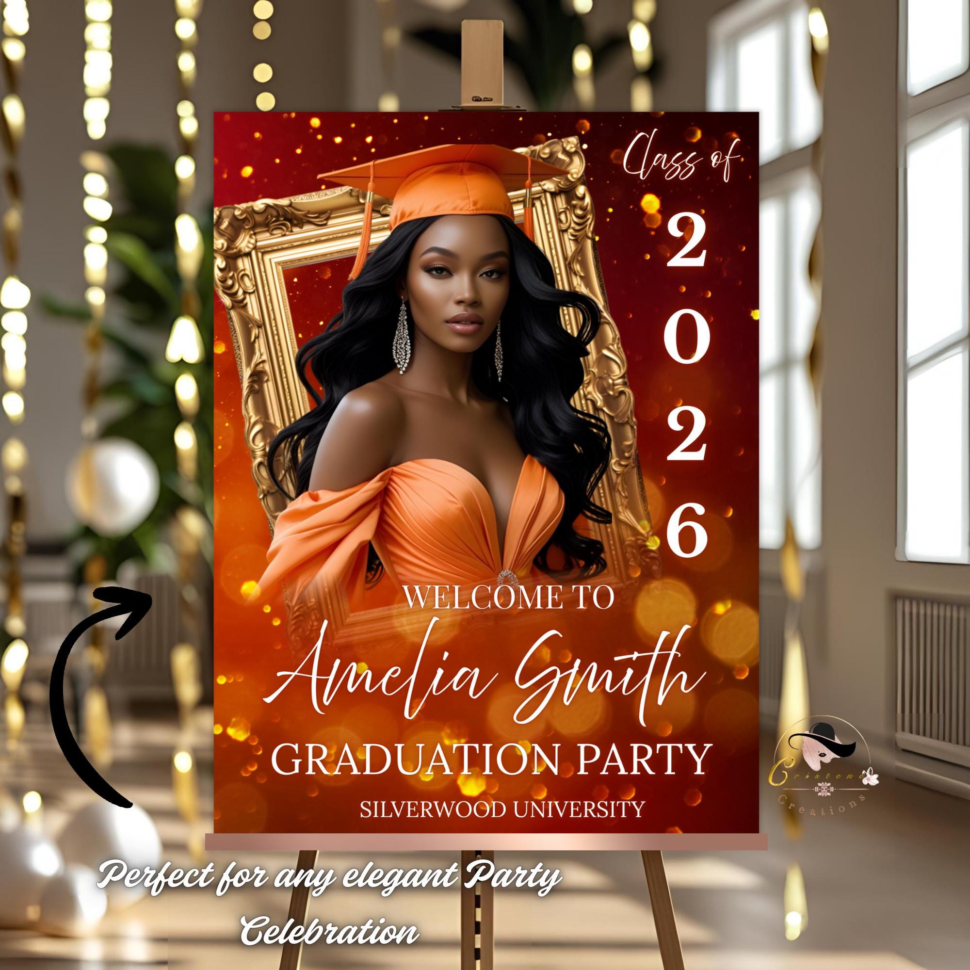 Orange Graduation Party Welcome Sign, Woman Senior Graduate Poster Sign with photo Men College Commencement Announcement Entry Sign Template