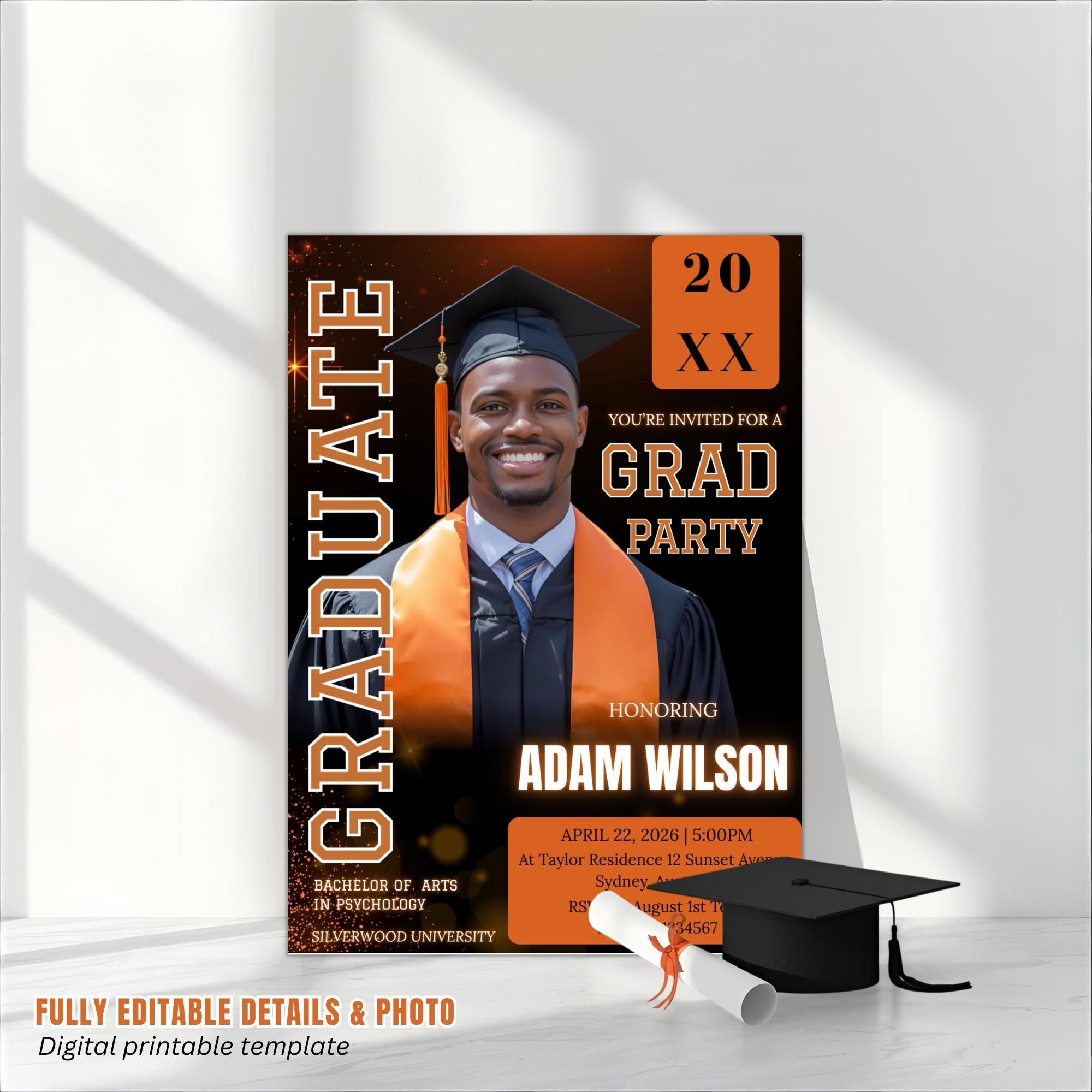 Men Graduation Announcement 2026 Invitation, Orange Black Senior Grad Party Invite with photo, Male College Graduate Magazine Cover Template