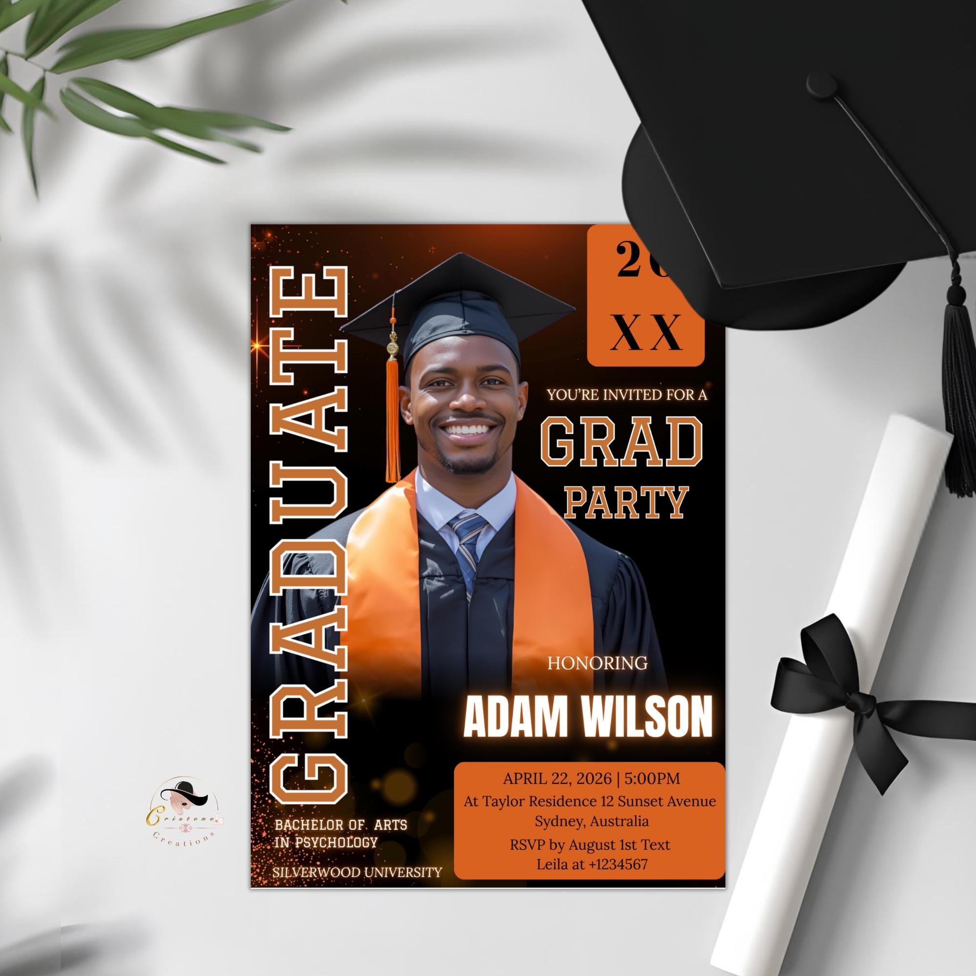 Men Graduation Announcement 2026 Invitation, Orange Black Senior Grad Party Invite with photo, Male College Graduate Magazine Cover Template