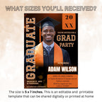 Men Graduation Announcement 2026 Invitation, Orange Black Senior Grad Party Invite with photo, Male College Graduate Magazine Cover Template