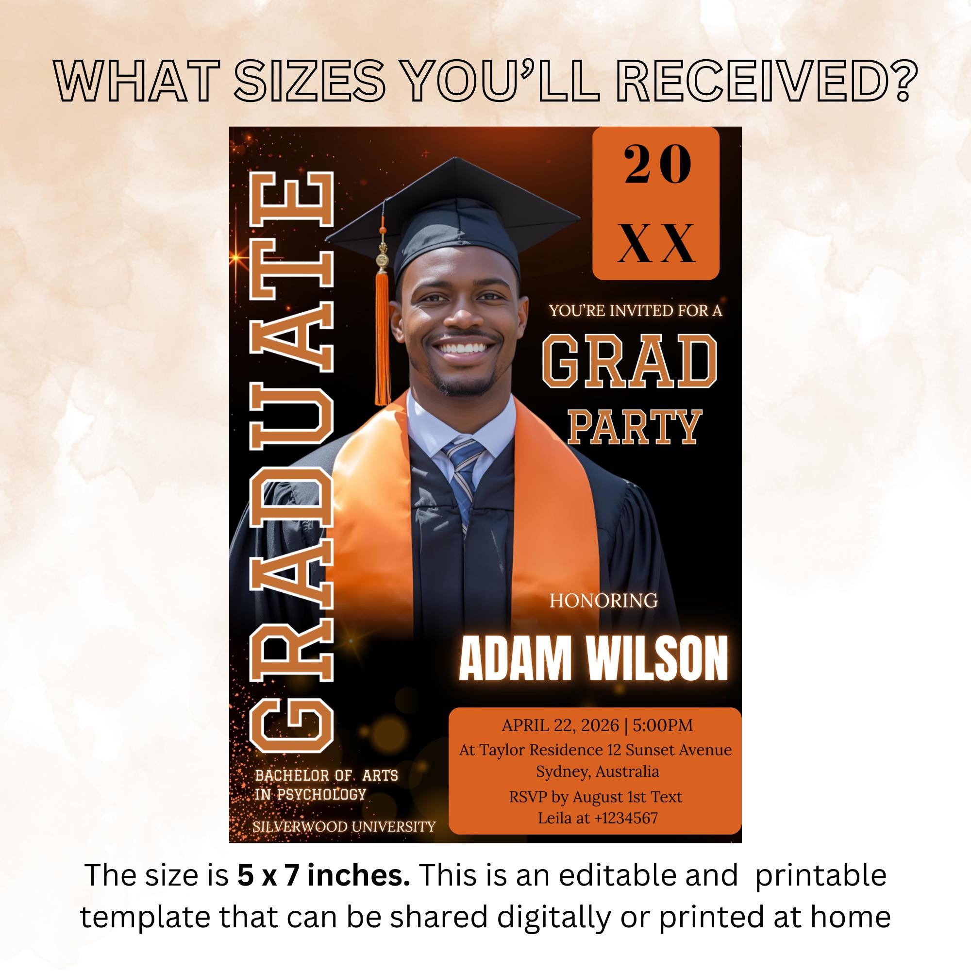 Men Graduation Announcement 2026 Invitation, Orange Black Senior Grad Party Invite with photo, Male College Graduate Magazine Cover Template