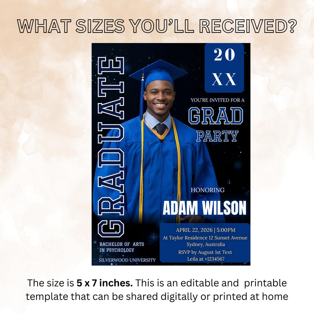 Men Graduation Announcement 2026 Invitation, Blue Black Senior Grad Party Invite with photo, Male College Graduate Magazine Cover Template