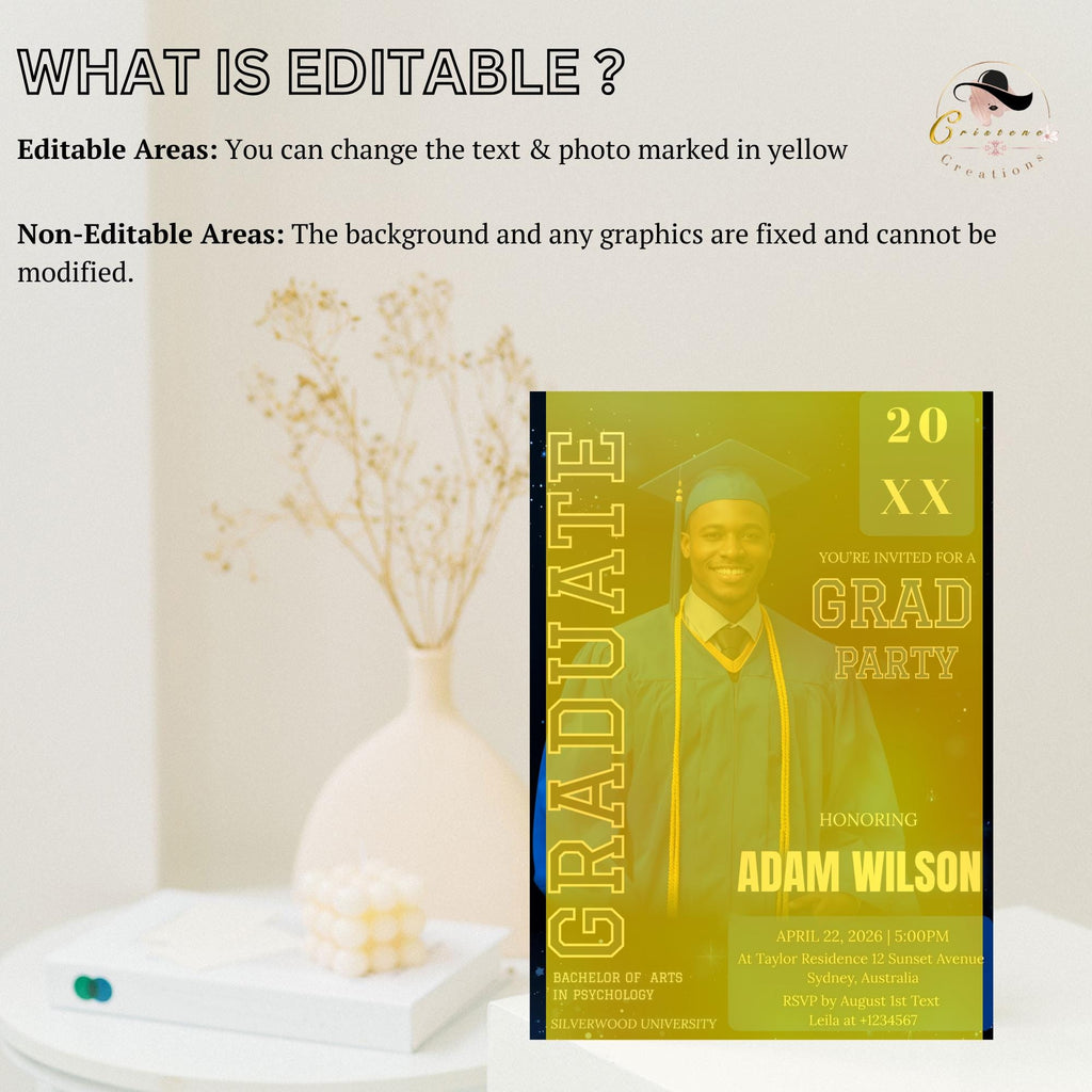 Men Graduation Announcement 2026 Invitation, Blue Black Senior Grad Party Invite with photo, Male College Graduate Magazine Cover Template