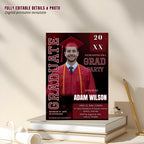 Red Graduation Announcement Invitation, Class of 2026 Men Senior Grad Party Invite with photo Male College Graduates Magazine Cover Template