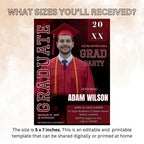 Red Graduation Announcement Invitation, Class of 2026 Men Senior Grad Party Invite with photo Male College Graduates Magazine Cover Template