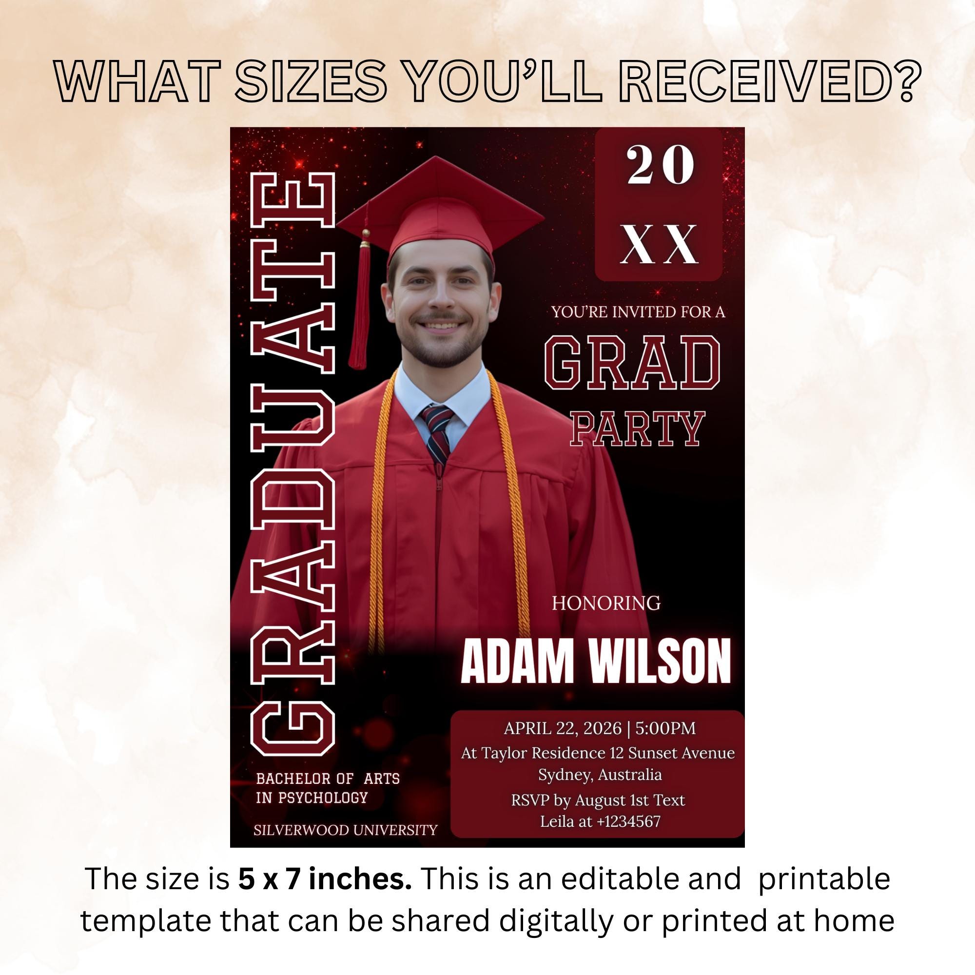 Red Graduation Announcement Invitation, Class of 2026 Men Senior Grad Party Invite with photo Male College Graduates Magazine Cover Template