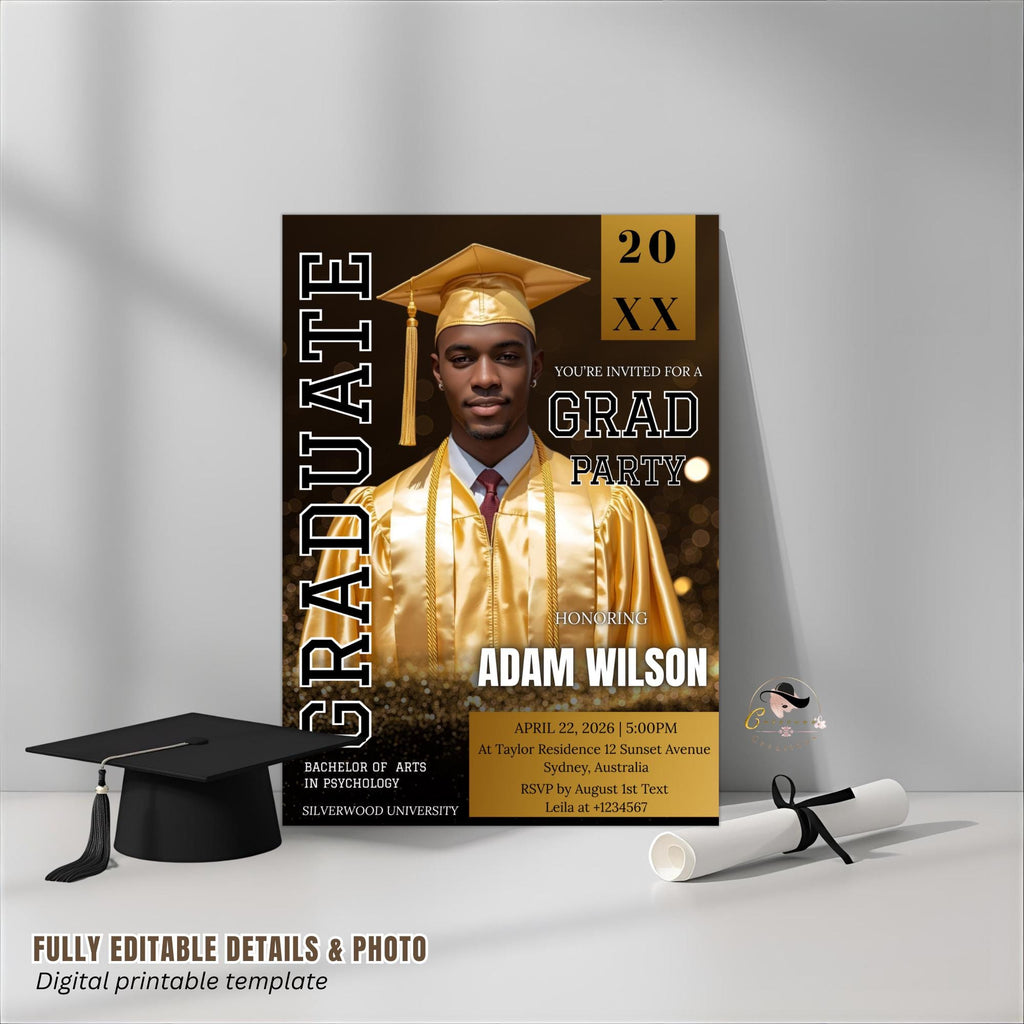 Black Gold Graduation Announcement 2026 Invitation, Men Senior Grad Party Invite with photo, Male College Graduate Magazine Cover Template
