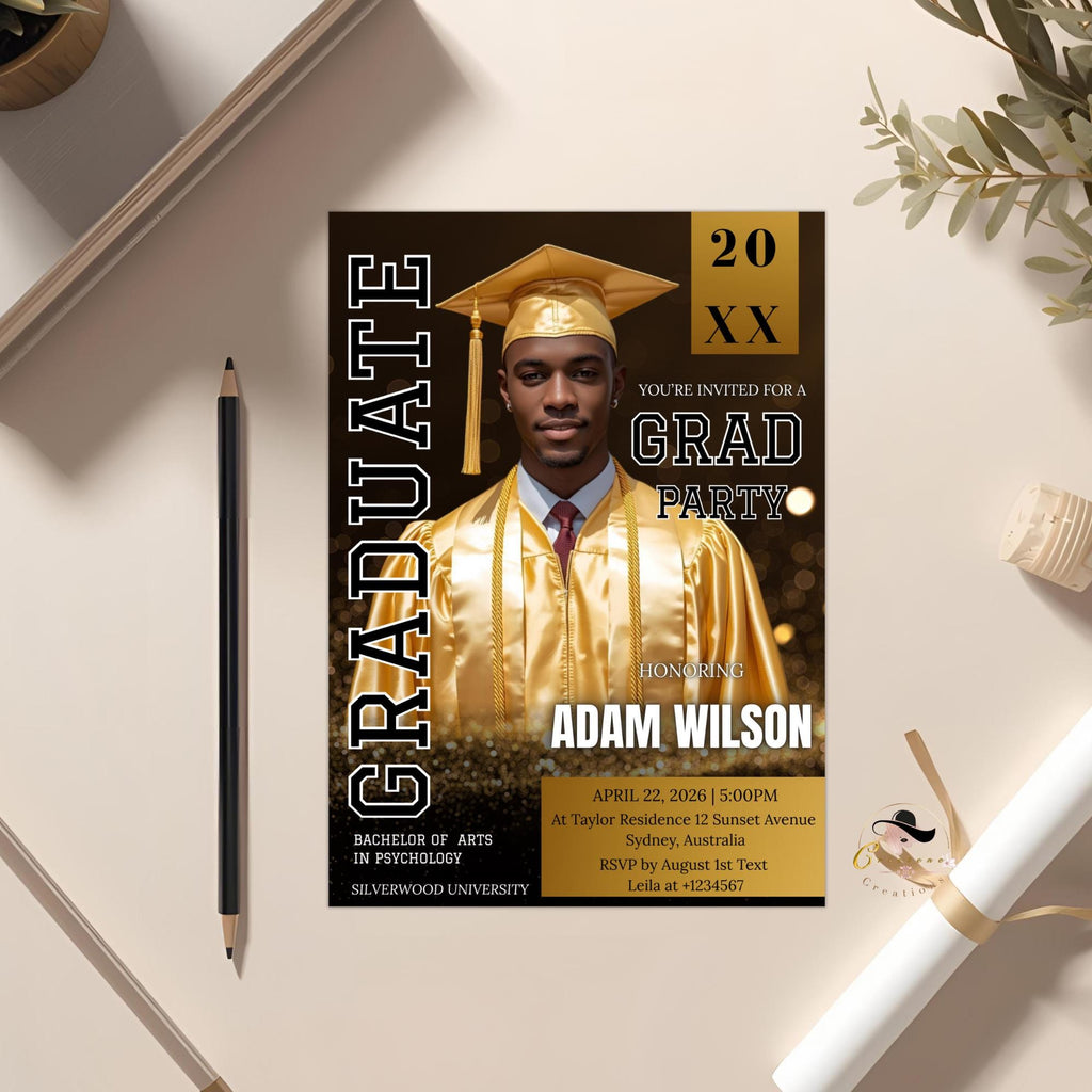 Black Gold Graduation Announcement 2026 Invitation, Men Senior Grad Party Invite with photo, Male College Graduate Magazine Cover Template
