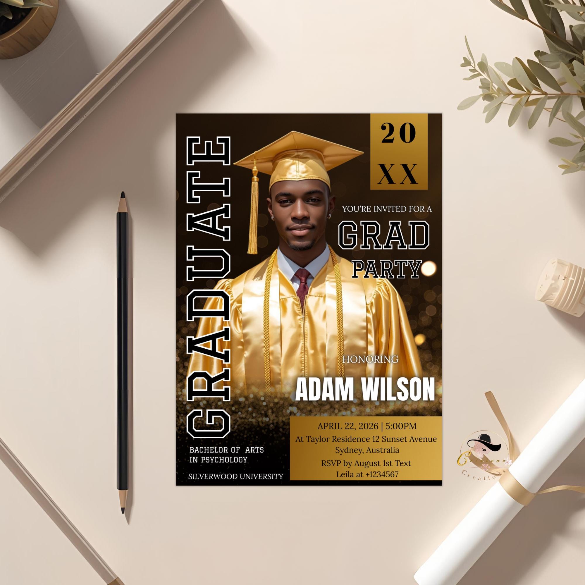 Black Gold Graduation Announcement 2026 Invitation, Men Senior Grad Party Invite with photo, Male College Graduate Magazine Cover Template