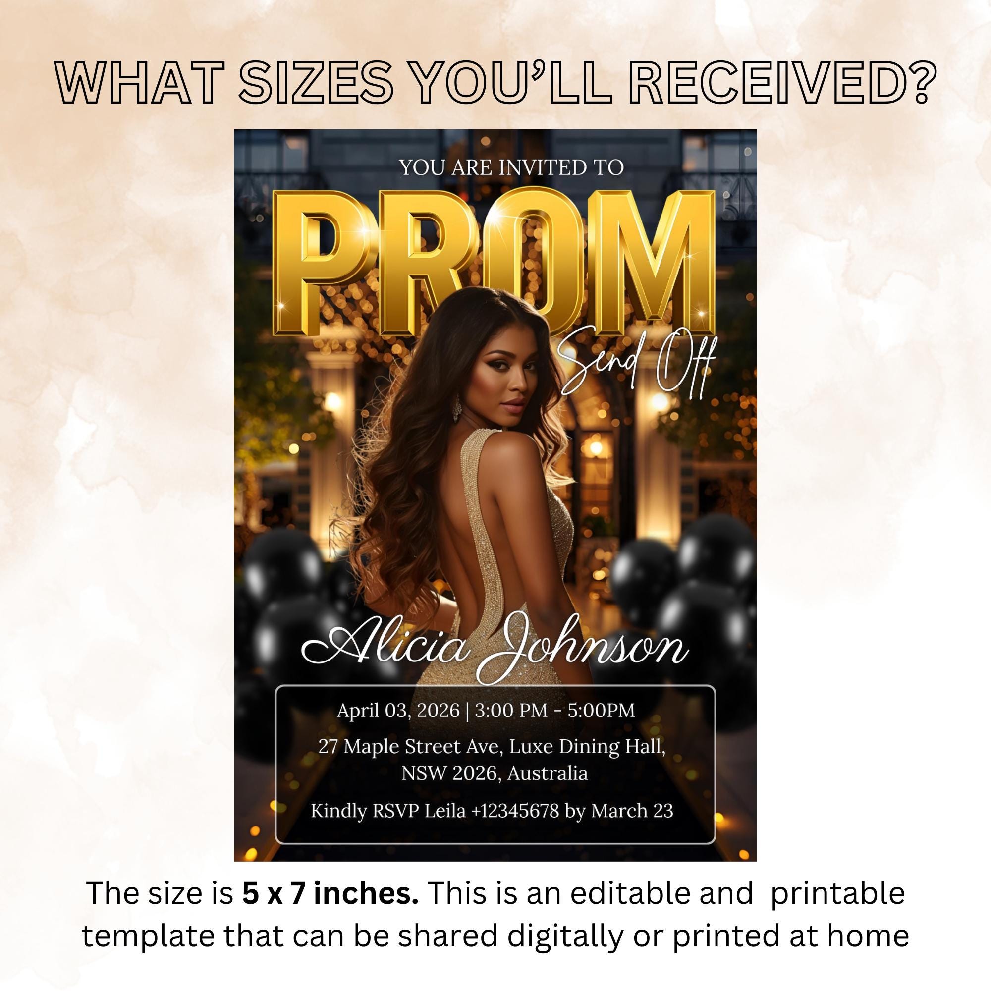 Black gold Prom Send Off Party Invitation, Senior and Junior Prom Night with photo invite, Woman Elegant Hollywood Theme Template, PRM02