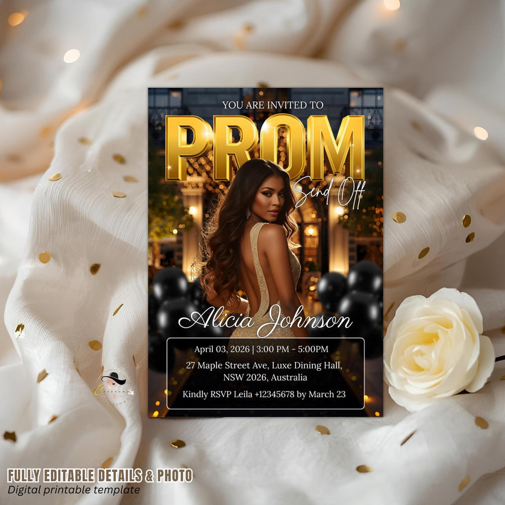 Black gold Prom Send Off Party Invitation, Senior and Junior Prom Night with photo invite, Woman Elegant Hollywood Theme Template, PRM02
