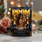 Black gold Prom Send Off Party Invitation, Senior and Junior Prom Night with photo invite, Woman Elegant Hollywood Theme Template, PRM02