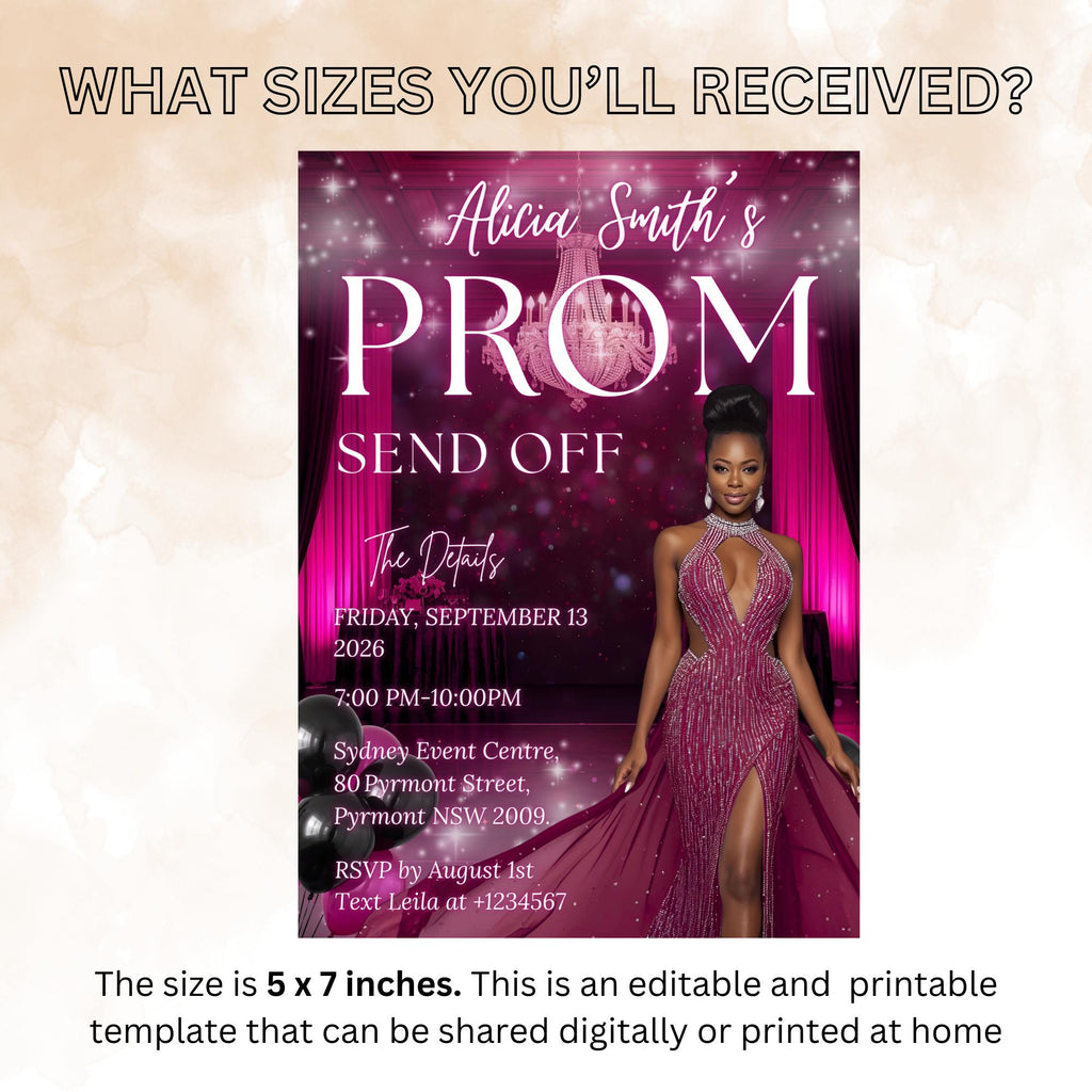 Prom Send Off Party Invitation Pink Black Woman Prom Night with photo invite, Elegant Grand Senior Ball and Junior Prom Gala Template, PRM08