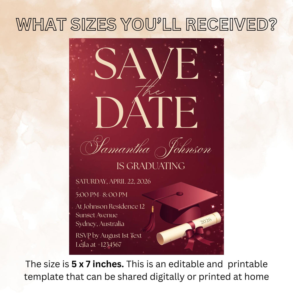 Save The Date Graduation Party Invitation, Maroon Class 2026 Senior Grad Party invite, Men and Woman College Graduate Announcement Template