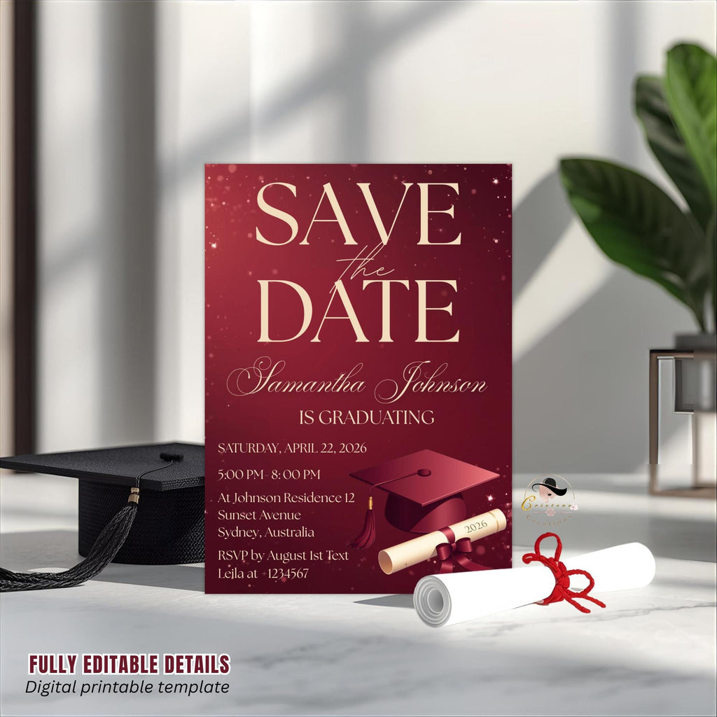 Save The Date Graduation Party Invitation, Maroon Class 2026 Senior Grad Party invite, Men and Woman College Graduate Announcement Template