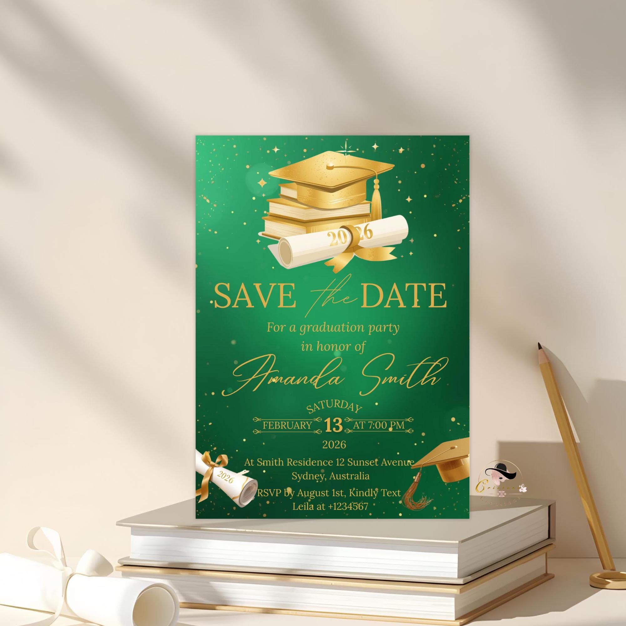 Save The Date Graduation Party Invitation, Green Gold Class 2026 Senior Grad Party invite, Men Woman College Graduate Announcement Template