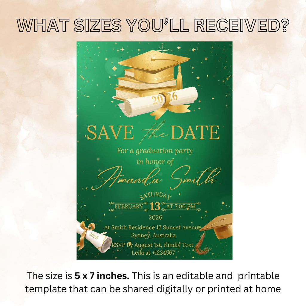 Save The Date Graduation Party Invitation, Green Gold Class 2026 Senior Grad Party invite, Men Woman College Graduate Announcement Template