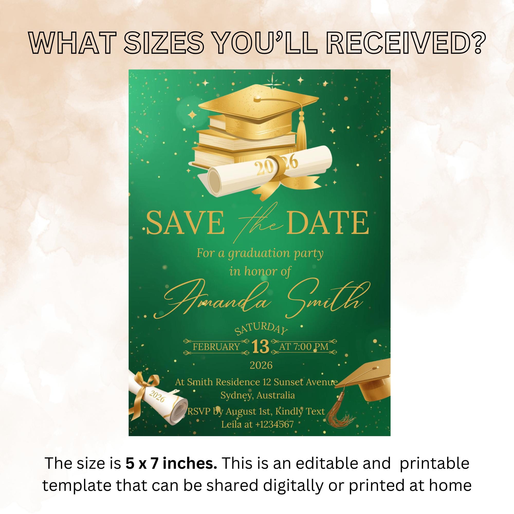 Save The Date Graduation Party Invitation, Green Gold Class 2026 Senior Grad Party invite, Men Woman College Graduate Announcement Template