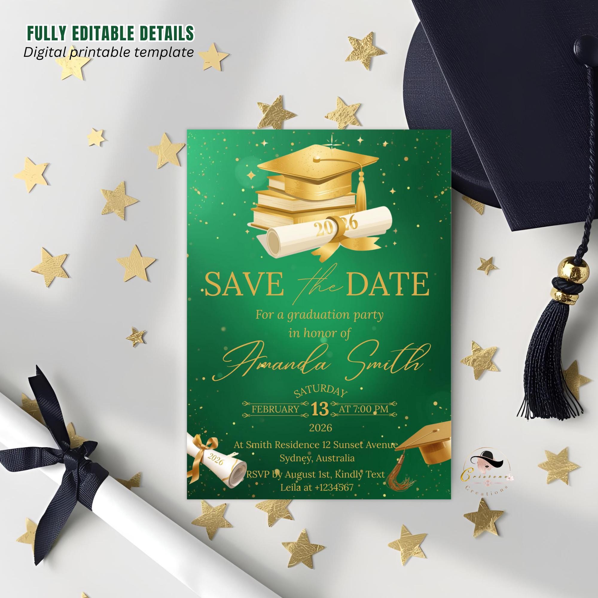 Save The Date Graduation Party Invitation, Green Gold Class 2026 Senior Grad Party invite, Men Woman College Graduate Announcement Template
