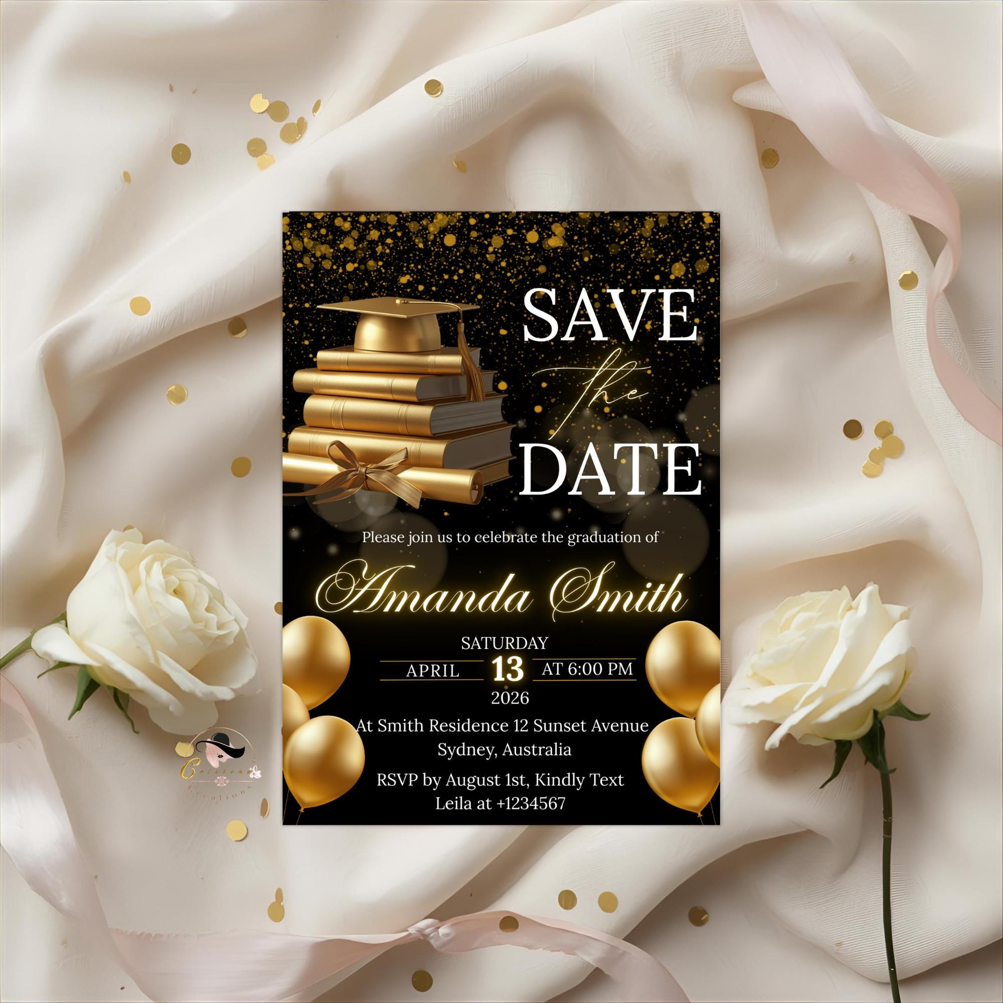 Save The Date Graduation Announcement Invitation, Black Gold Class 2026 Senior Grad Party invite, Men Woman College Graduate Party Template