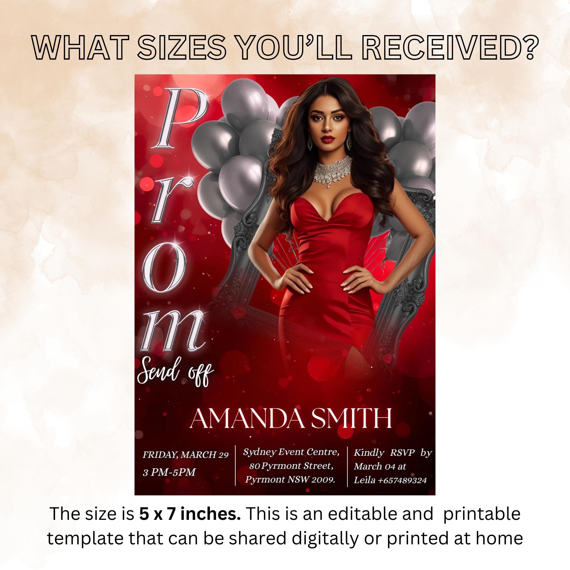 Prom Send Off Party Invitation Red Silver Woman Prom Night with photo invite, Elegant Grand Senior Ball and Junior Prom Gala Template, PRM04