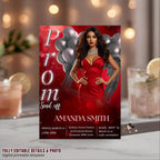 Prom Send Off Party Invitation Red Silver Woman Prom Night with photo invite, Elegant Grand Senior Ball and Junior Prom Gala Template, PRM04