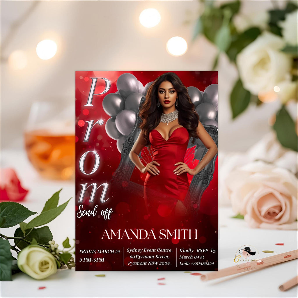 Prom Send Off Party Invitation Red Silver Woman Prom Night with photo invite, Elegant Grand Senior Ball and Junior Prom Gala Template, PRM04