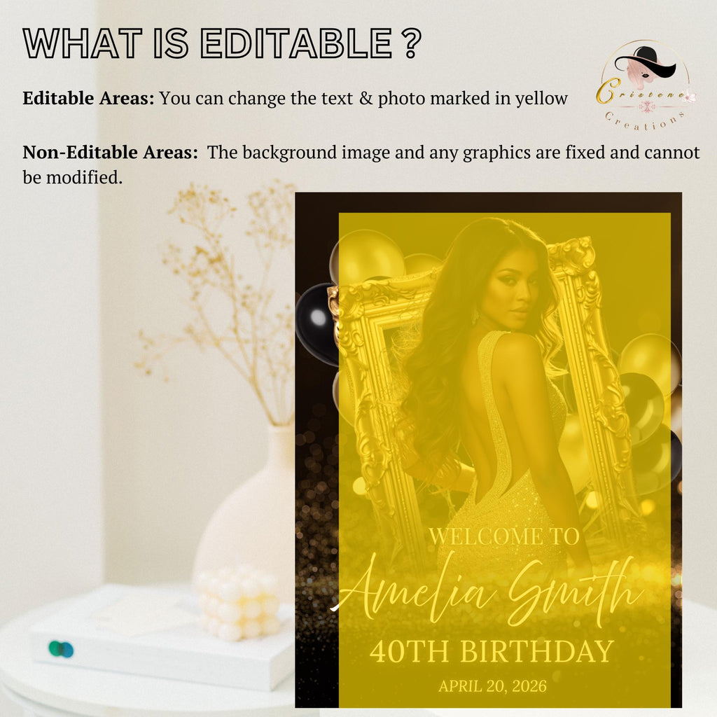 Black Gold Birthday Welcome Party Sign, Retirement Sign with photo Elegant Woman Dinner Entry Sign, Luxury Brunch Poster Sign Board Template