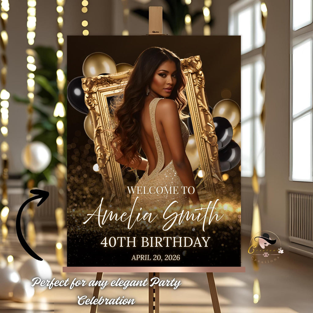 Black Gold Birthday Welcome Party Sign, Retirement Sign with photo Elegant Woman Dinner Entry Sign, Luxury Brunch Poster Sign Board Template