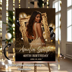 Black Gold Birthday Welcome Party Sign, Retirement Sign with photo Elegant Woman Dinner Entry Sign, Luxury Brunch Poster Sign Board Template