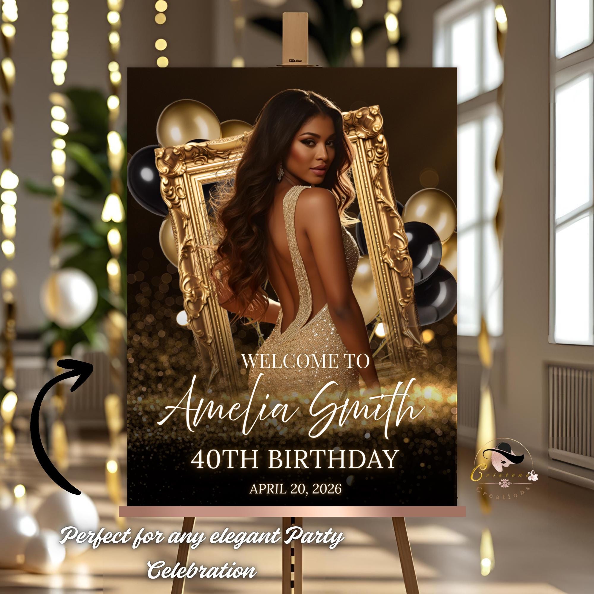 Black Gold Birthday Welcome Party Sign, Retirement Sign with photo Elegant Woman Dinner Entry Sign, Luxury Brunch Poster Sign Board Template