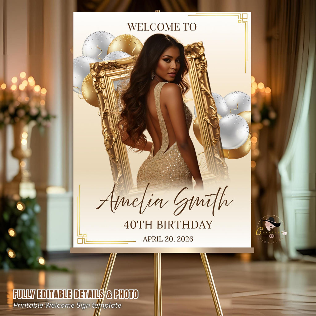 White Gold Birthday Welcome Party Sign, Elegant Woman Dinner Entry Sign, Wedding Sign with photo, Luxury Brunch Poster Sign Board Template