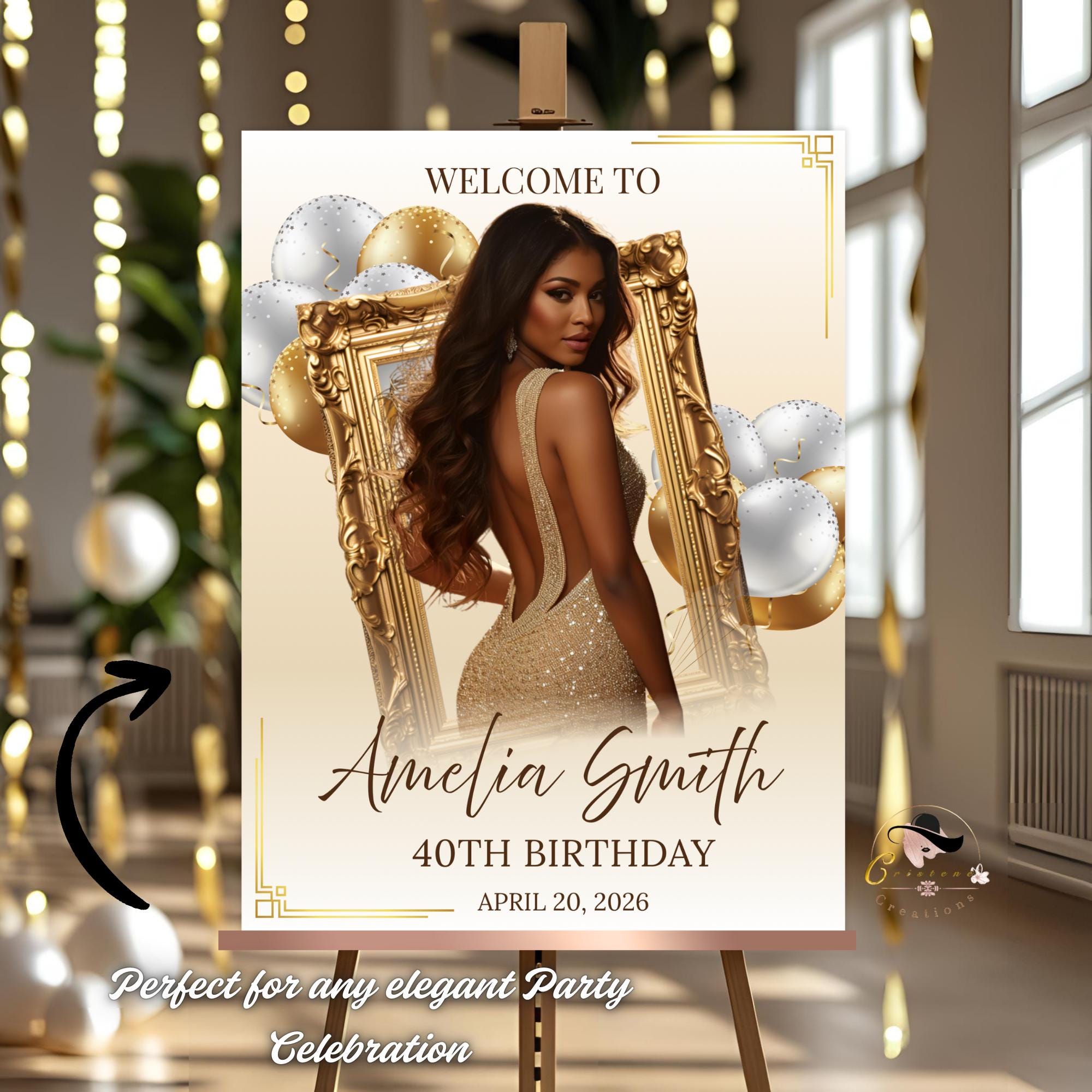 White Gold Birthday Welcome Party Sign, Elegant Woman Dinner Entry Sign, Wedding Sign with photo, Luxury Brunch Poster Sign Board Template
