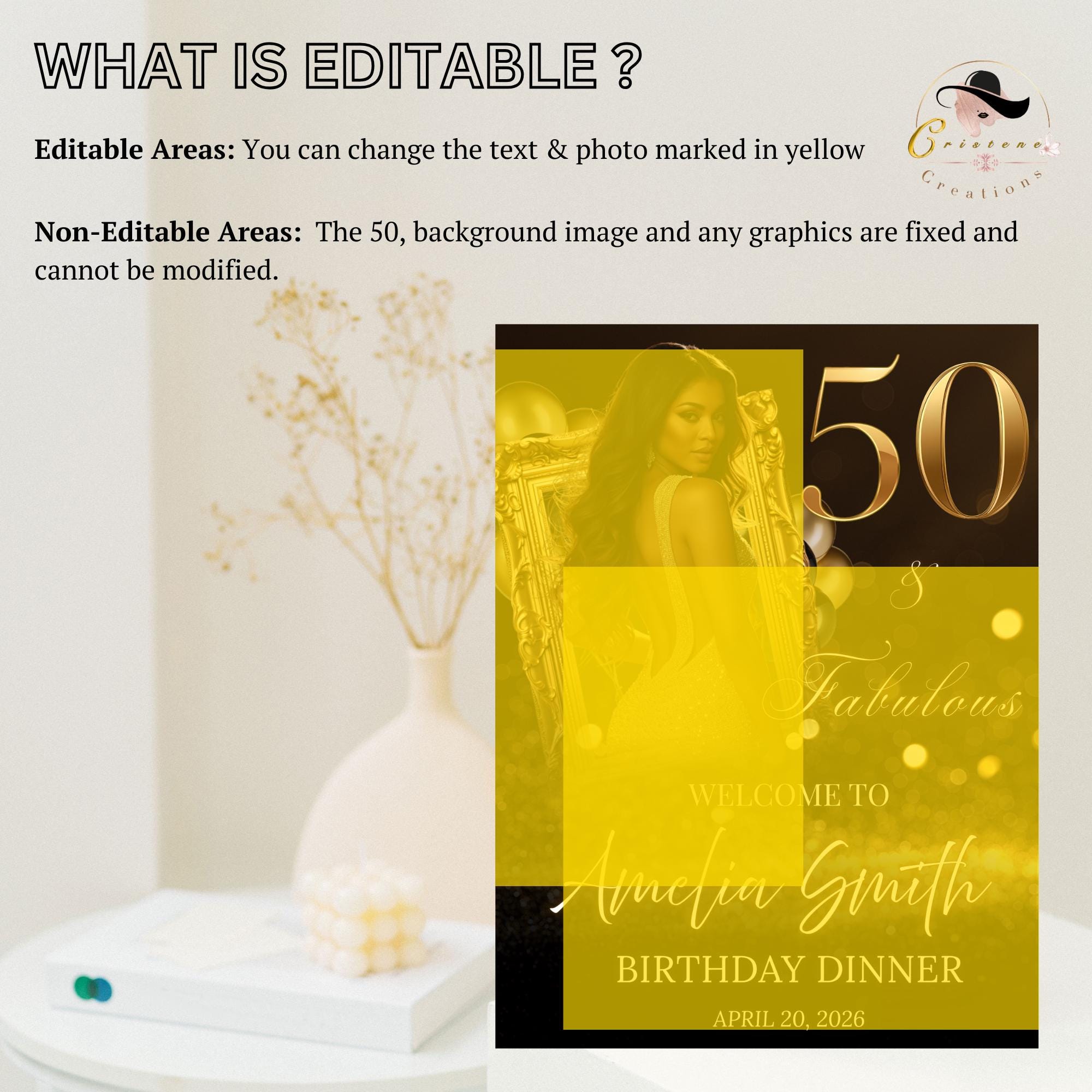 Black Golden 50th Birthday Welcome Party Sign, Dinner Entry Poster Sign with photo, 50 and Fabulous Welcome Board Sign, Men Woman Template