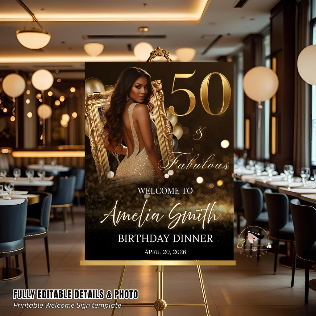 Black Golden 50th Birthday Welcome Party Sign, Dinner Entry Poster Sign with photo, 50 and Fabulous Welcome Board Sign, Men Woman Template