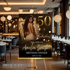 Black Golden 50th Birthday Welcome Party Sign, Dinner Entry Poster Sign with photo, 50 and Fabulous Welcome Board Sign, Men Woman Template