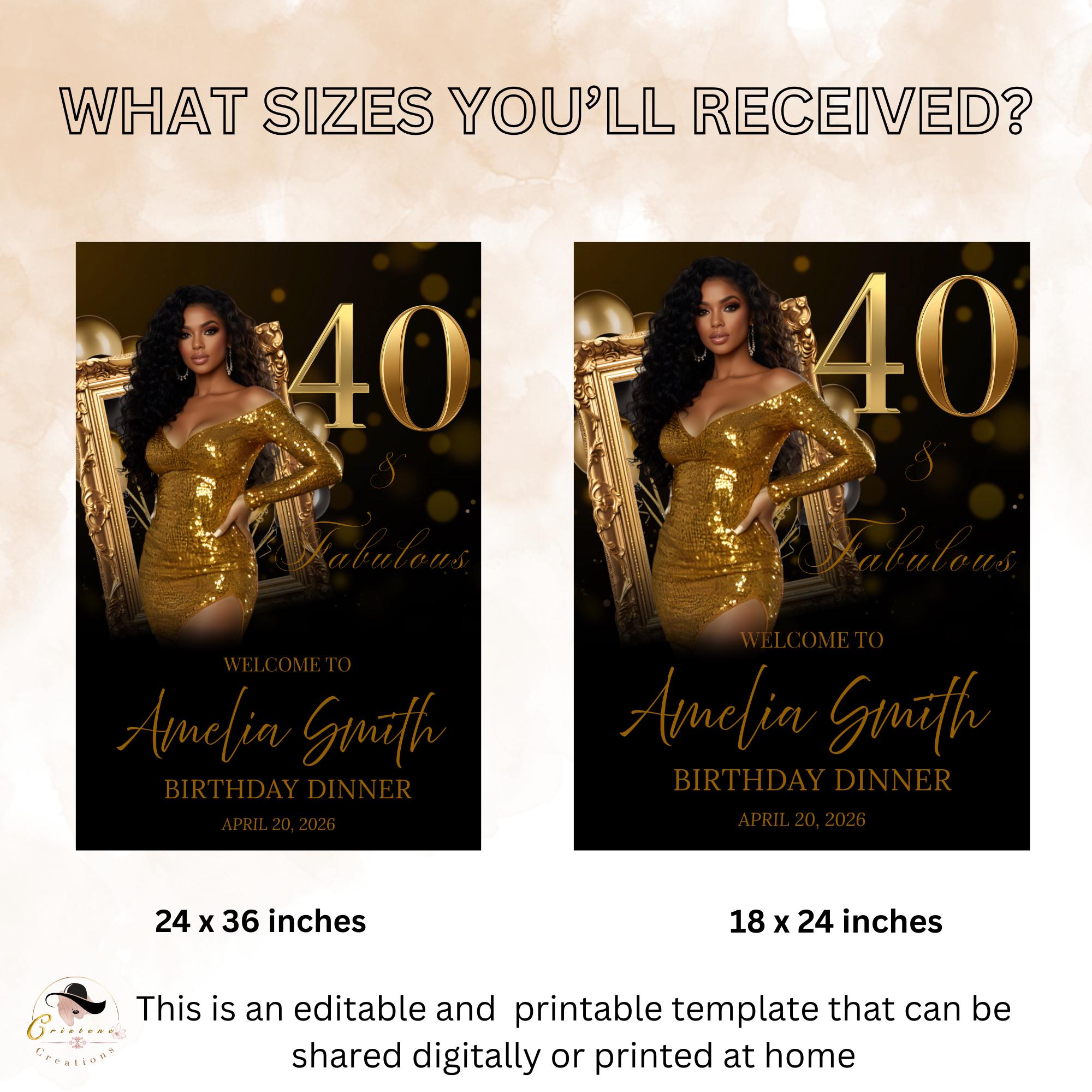 Black Gold 40th Birthday Welcome Party Sign, Dinner Entry Poster Sign with photo, 40 and Fabulous Welcome Board Sign, Men Woman Template