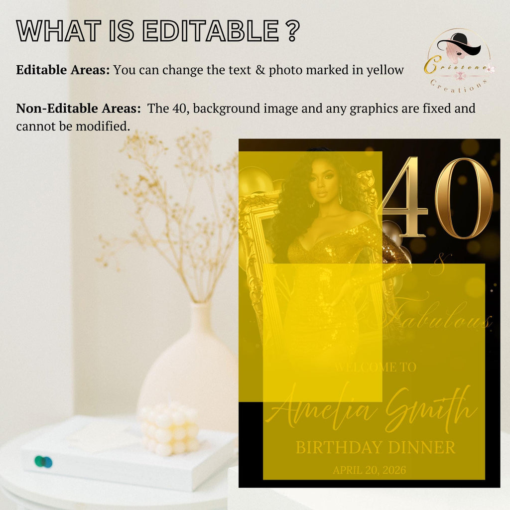 Black Gold 40th Birthday Welcome Party Sign, Dinner Entry Poster Sign with photo, 40 and Fabulous Welcome Board Sign, Men Woman Template