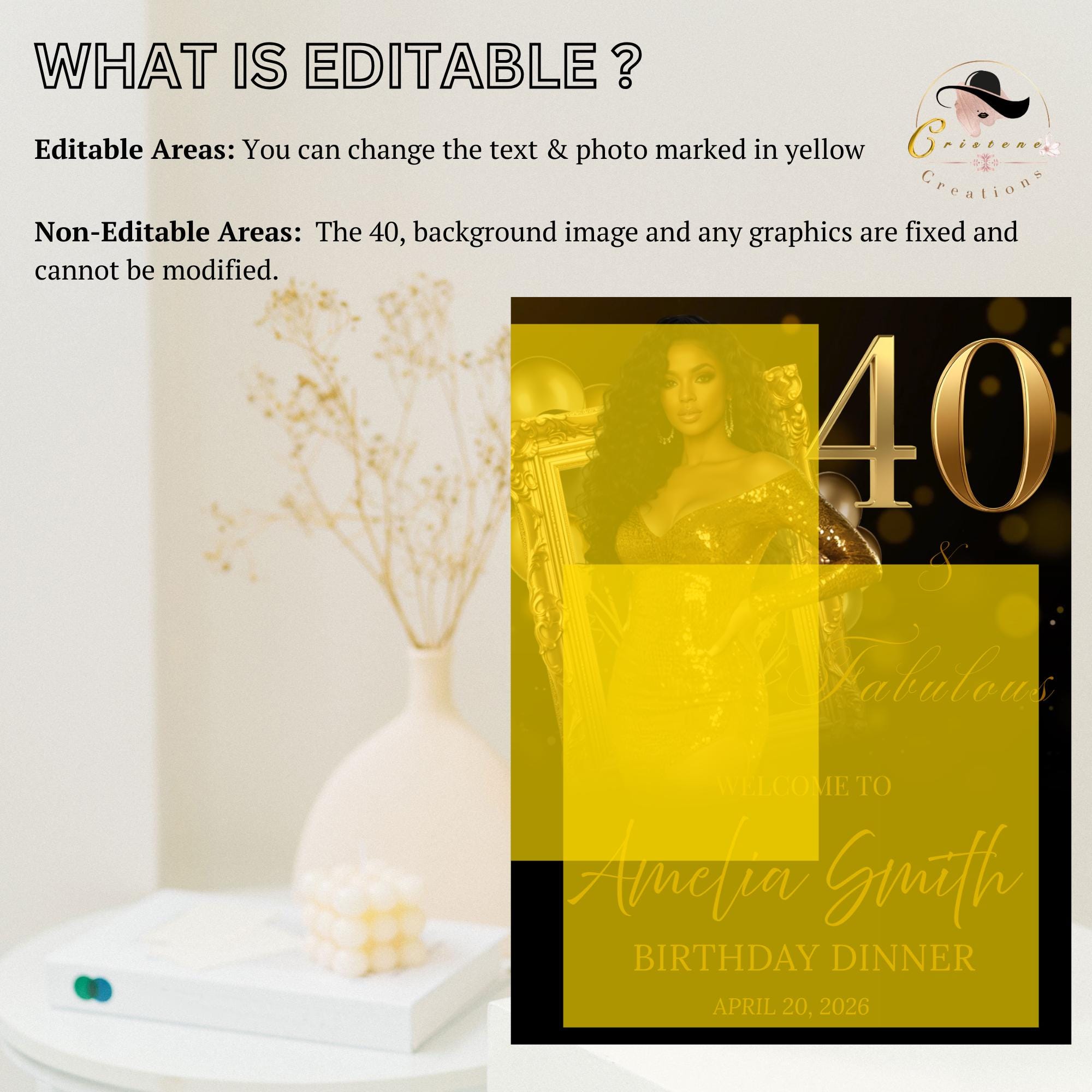 Black Gold 40th Birthday Welcome Party Sign, Dinner Entry Poster Sign with photo, 40 and Fabulous Welcome Board Sign, Men Woman Template