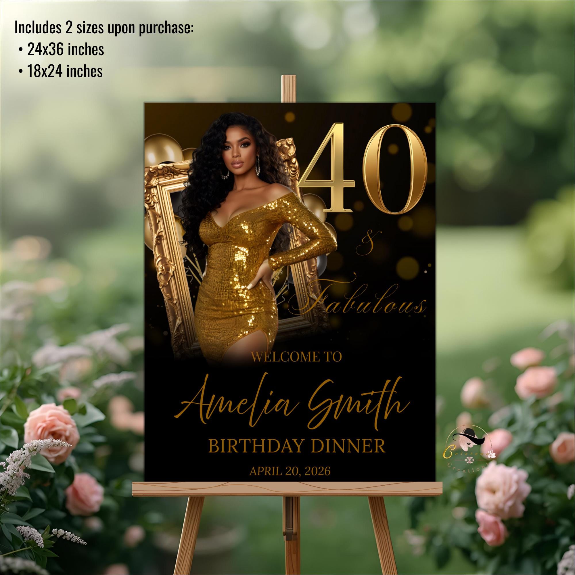 Black Gold 40th Birthday Welcome Party Sign, Dinner Entry Poster Sign with photo, 40 and Fabulous Welcome Board Sign, Men Woman Template