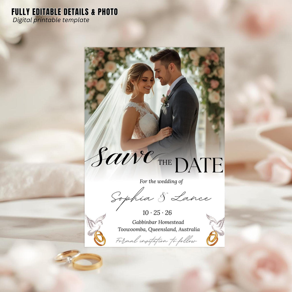Save The Date Wedding Announcement Invitation with photo, Couple Engagement Party Invite, Elegant Vow Renewal Save The Date Template