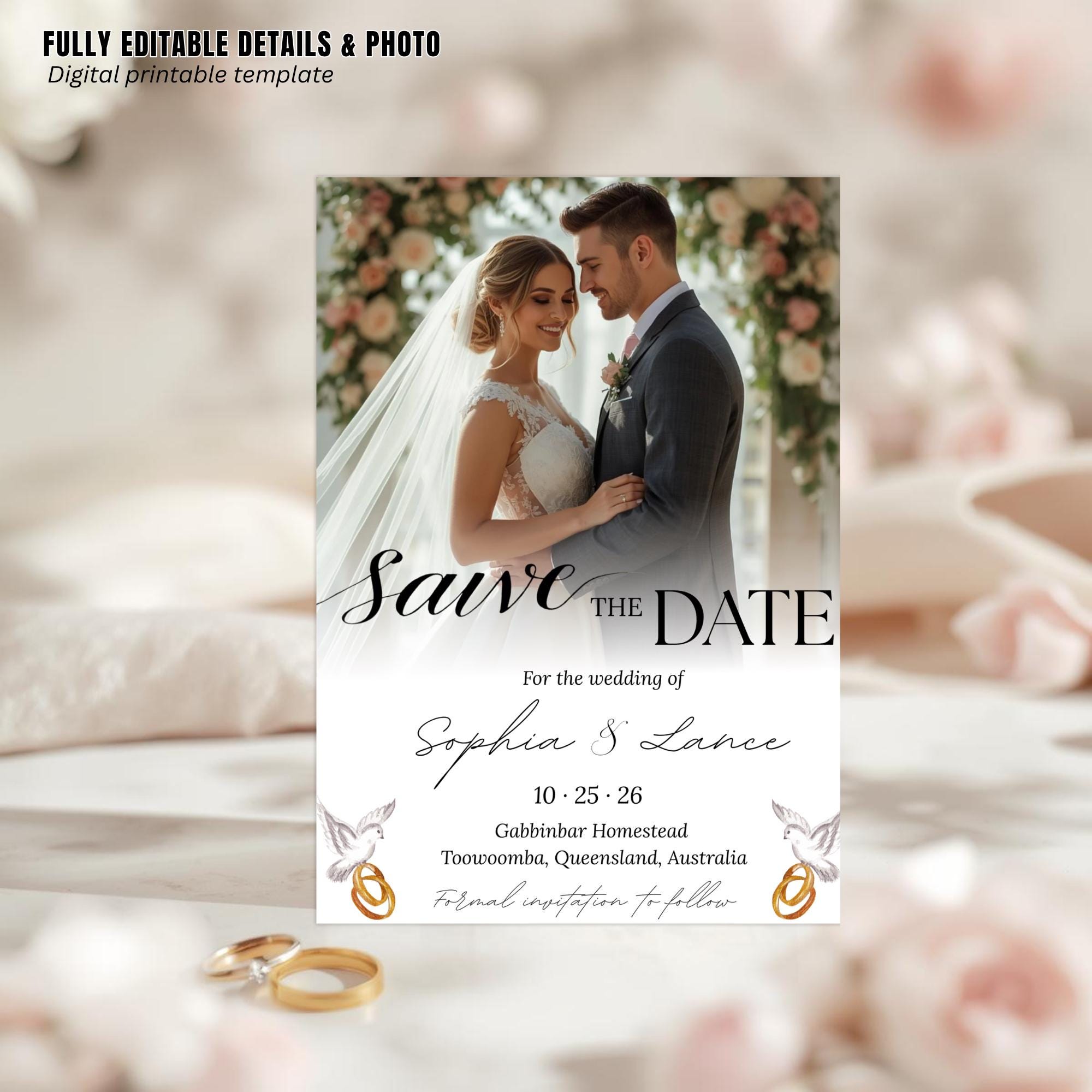Save The Date Wedding Announcement Invitation with photo, Couple Engagement Party Invite, Elegant Vow Renewal Save The Date Template