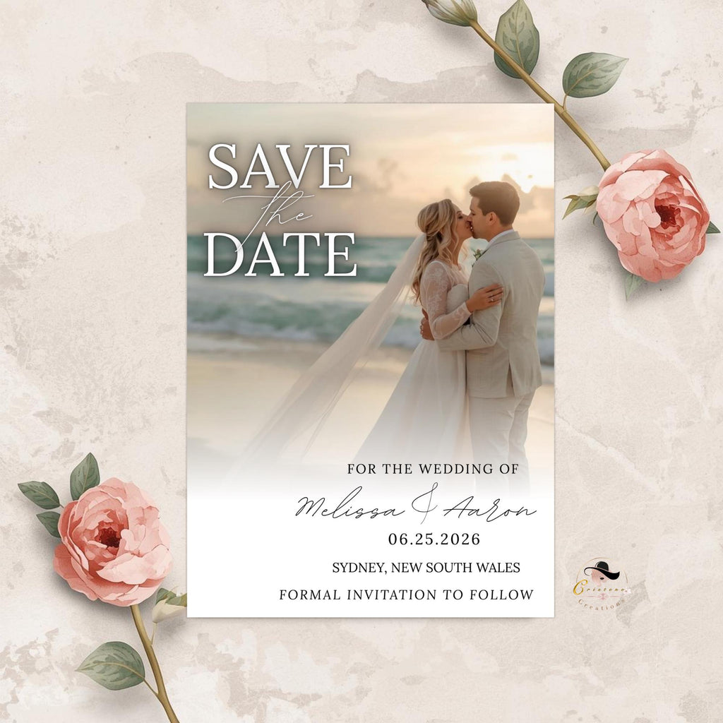 Save The Date Beach Wedding Announcement Invitation with photo, Couple Engagement Party Invite, Elegant Vow Renewal Save The Date Template
