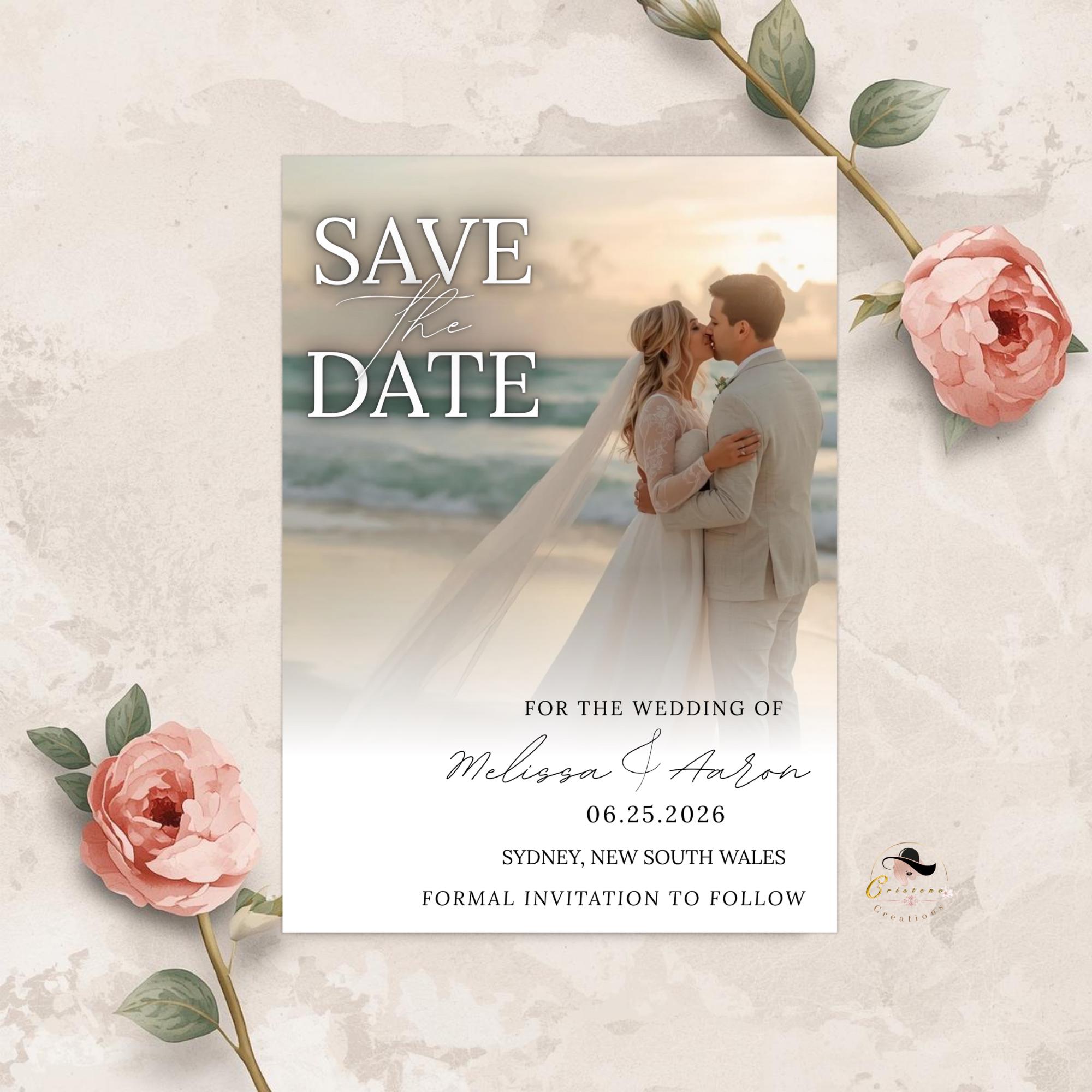 Save The Date Beach Wedding Announcement Invitation with photo, Couple Engagement Party Invite, Elegant Vow Renewal Save The Date Template