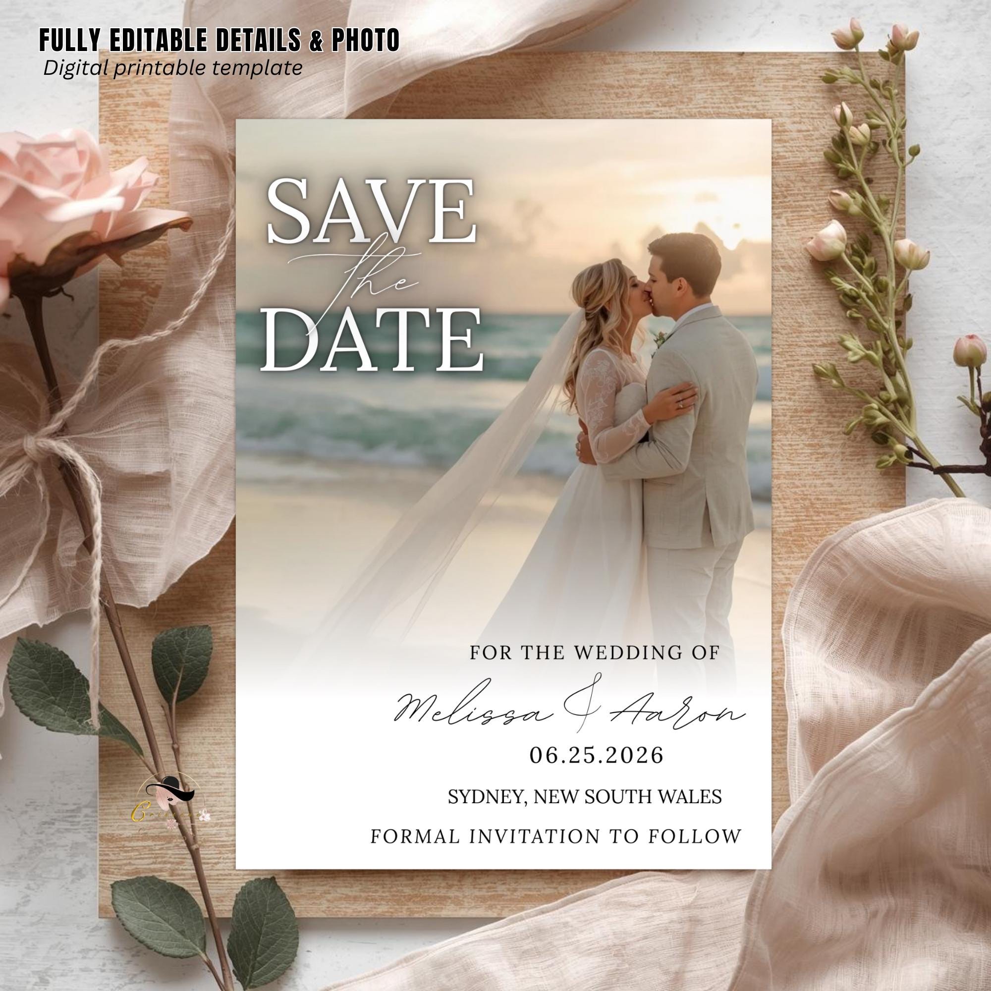 Save The Date Beach Wedding Announcement Invitation with photo, Couple Engagement Party Invite, Elegant Vow Renewal Save The Date Template