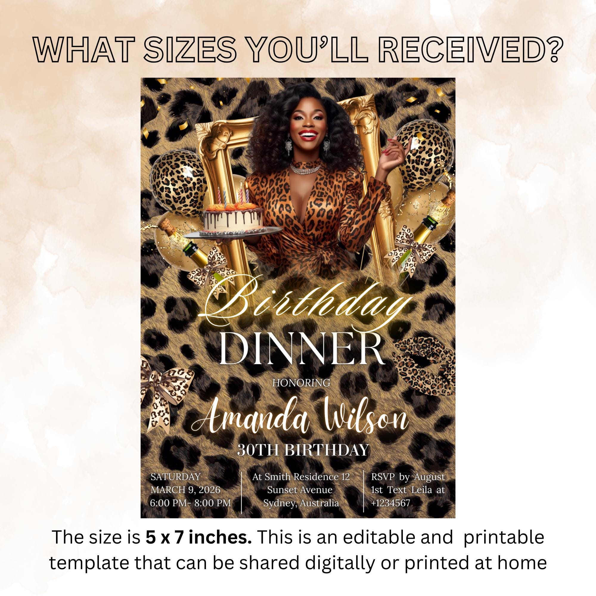 Cheetah Birthday Dinner Invitation with photo, Leopard Brunch Party Invite, Woman Retirement Party, Elegant Adult Animal Print Template